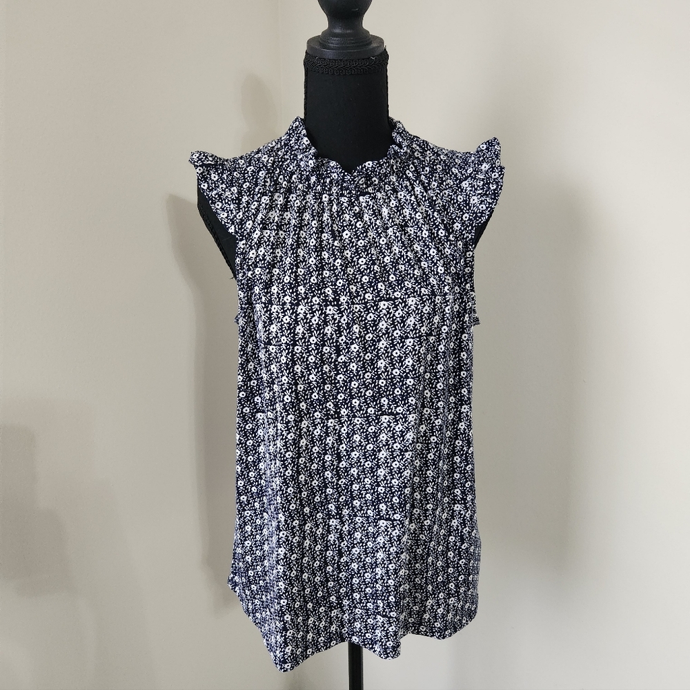 Adrianna Papell Navy and White Floral Blouse